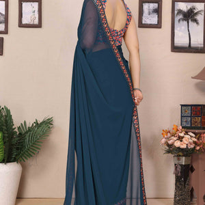 Morpich Blue Solid Georgette Saree With Printed Border