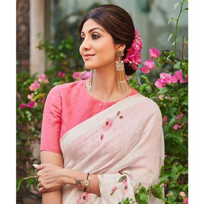 Cream & Pink Floral Digital Printed Linen Saree