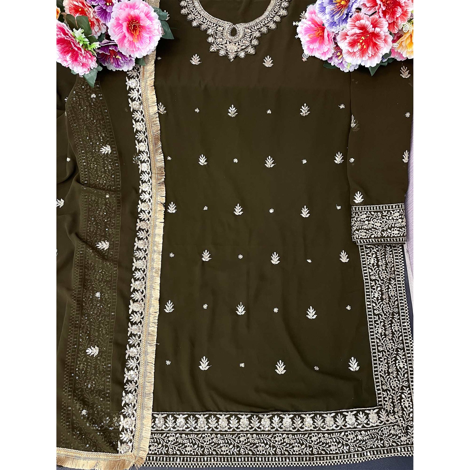 Mehendi Green Floral Embroidered Georgette Semi Stitched Pakistani Suit