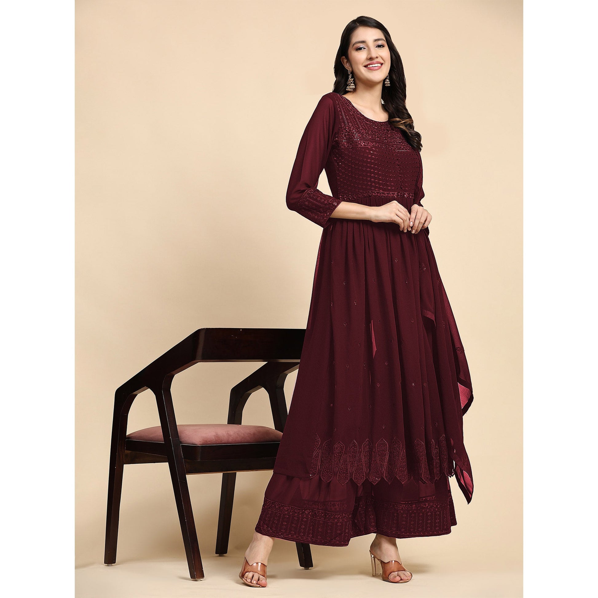 Maroon Sequins Embroidered Georgette Semi Stitched Suit