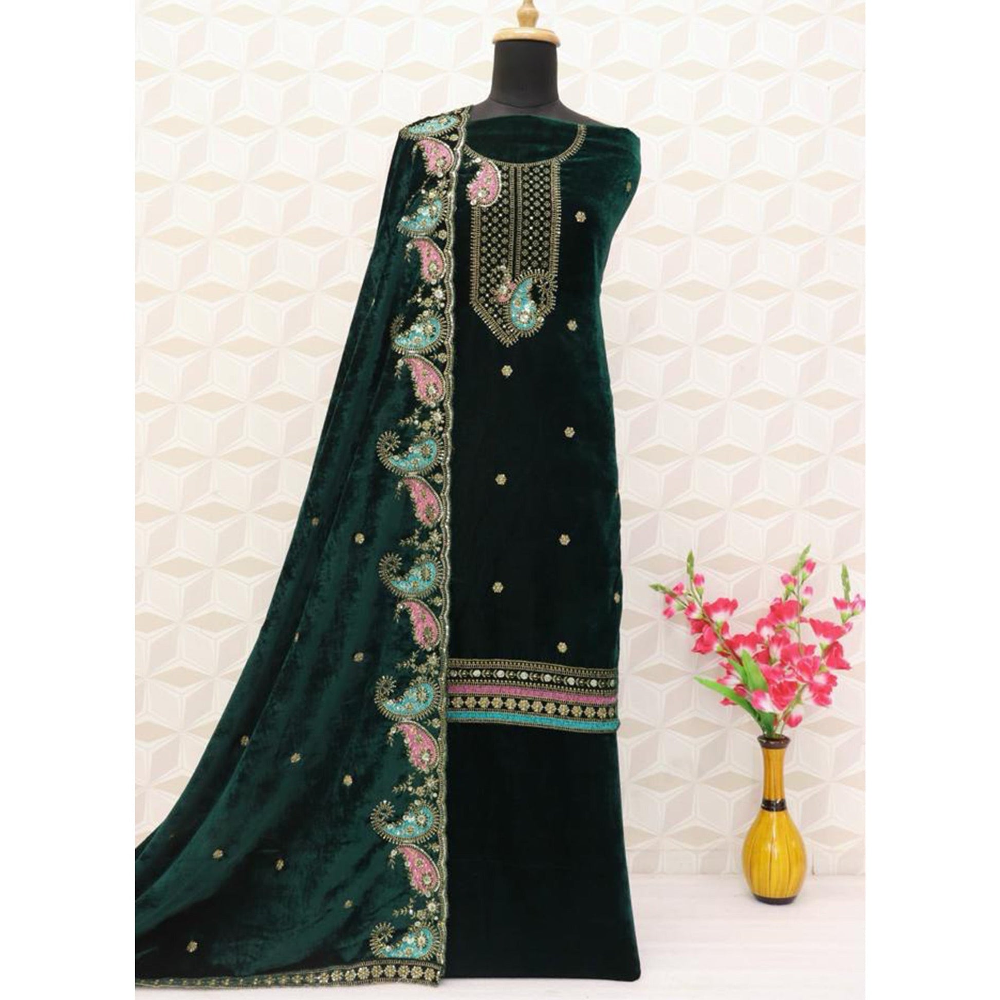 green-floral-embroidered-velvet-semi-stitched-salwar-suit
