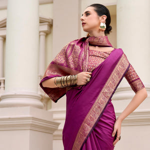 Magenta Woven Banarasi Silk Saree With Zari Border