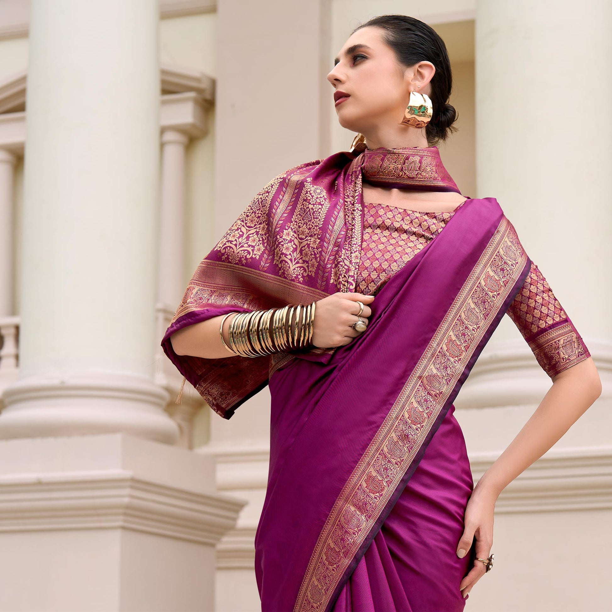 Magenta Woven Banarasi Silk Saree With Zari Border