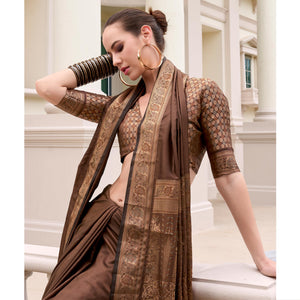 Brown Woven Banarasi Silk Saree With Zari Border