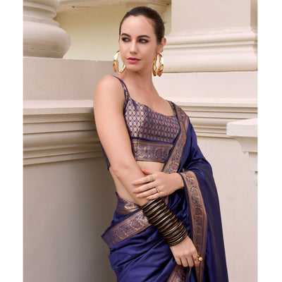 Blue Woven Banarasi Silk Saree With Zari Border
