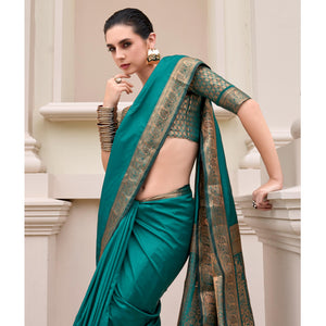 Morpich Green Woven Banarasi Silk Saree With Zari Border
