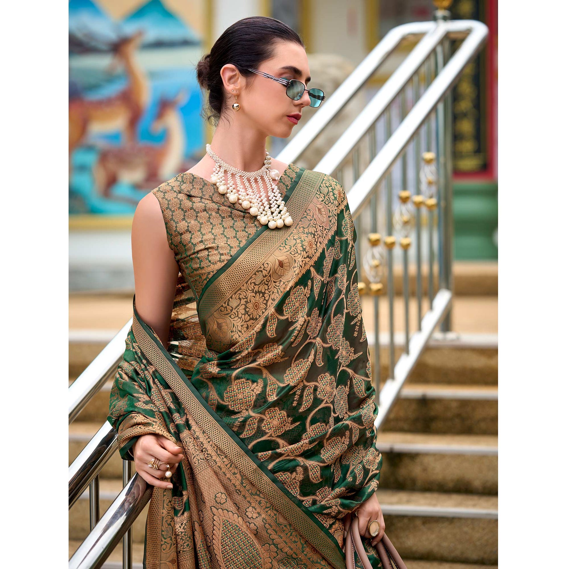 Dark Green Floral Motifs Woven Organza Saree