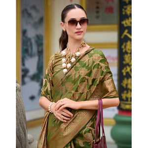 Mehandi Green Floral Motifs Woven Organza Saree