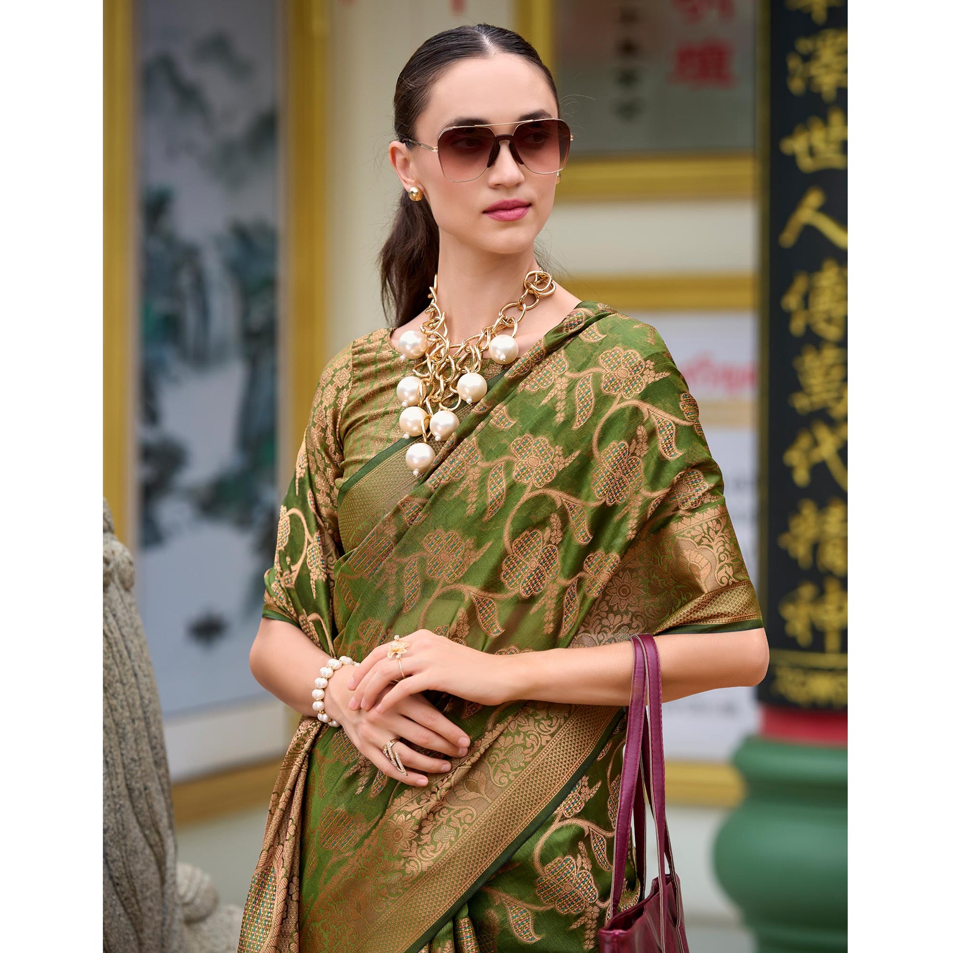 Mehandi Green Floral Motifs Woven Organza Saree