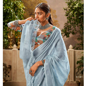 Blue Woven Pure Cotton Saree With Tassels