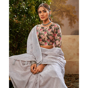 Grey Woven Pure Cotton Saree With Tassels