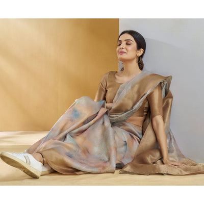 Chikoo Woven With Digital Printed Linen Saree