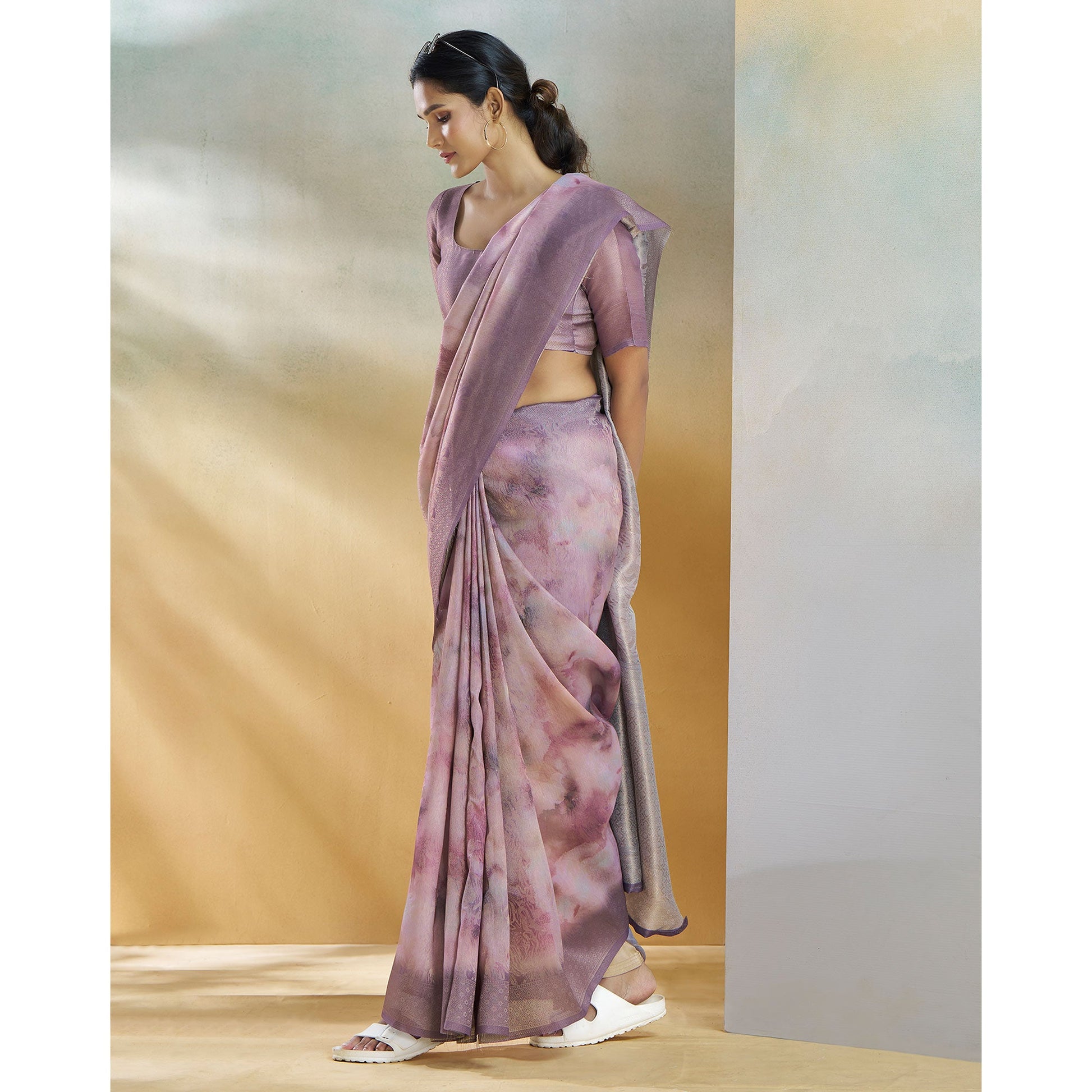 Lavender Woven With Digital Printed Linen Saree