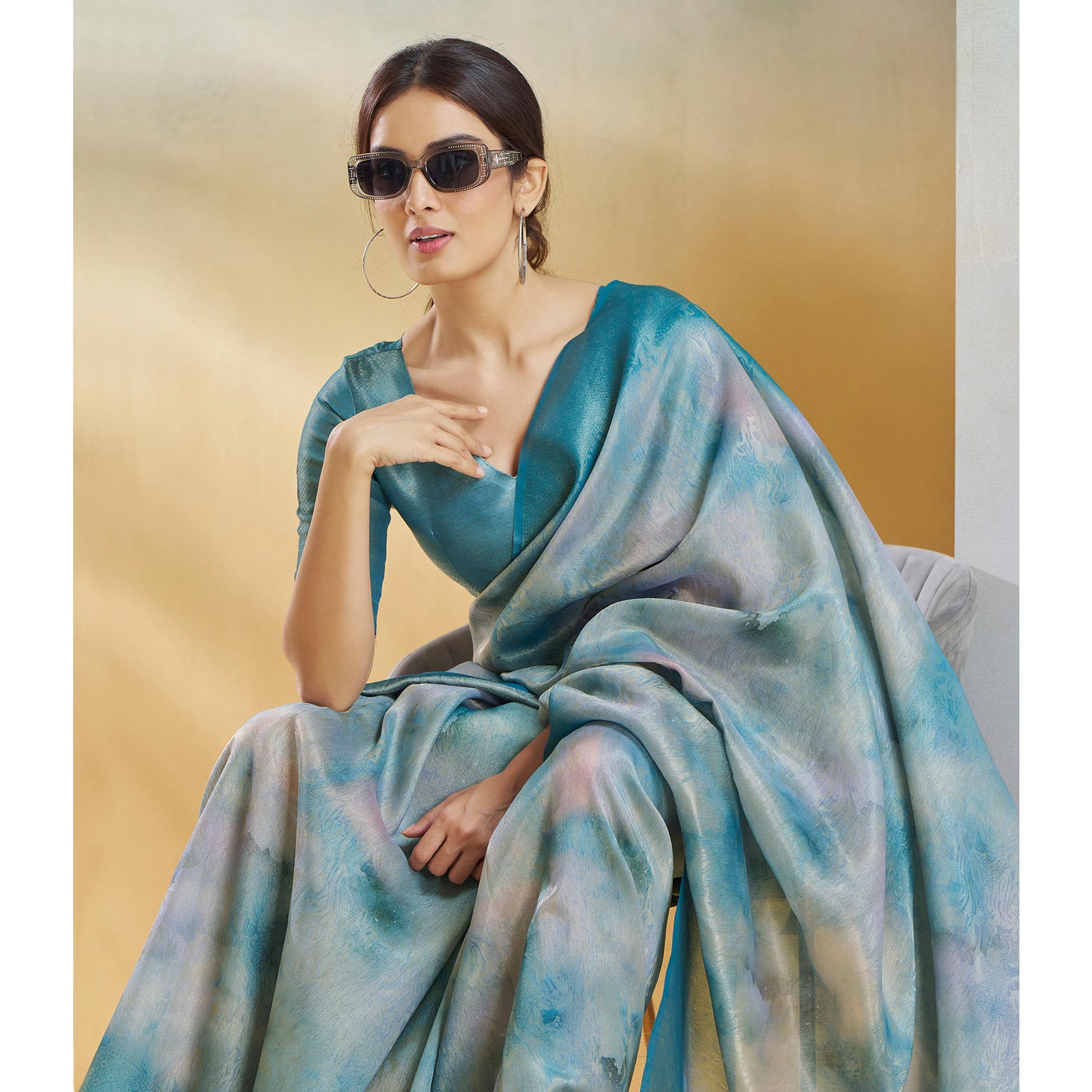 Blue Woven With Digital Printed Linen Saree