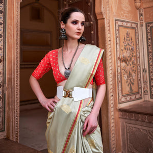 Grey Woven Satin Saree With Tassels