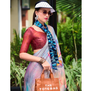 Light Mauve Digital Printed Pure Satin Saree