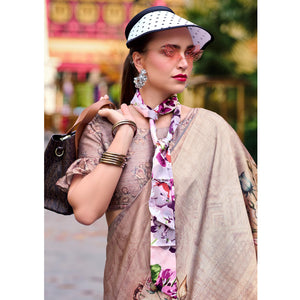 Dusty Rose Pink Floral Digital Printed Pure Satin Saree