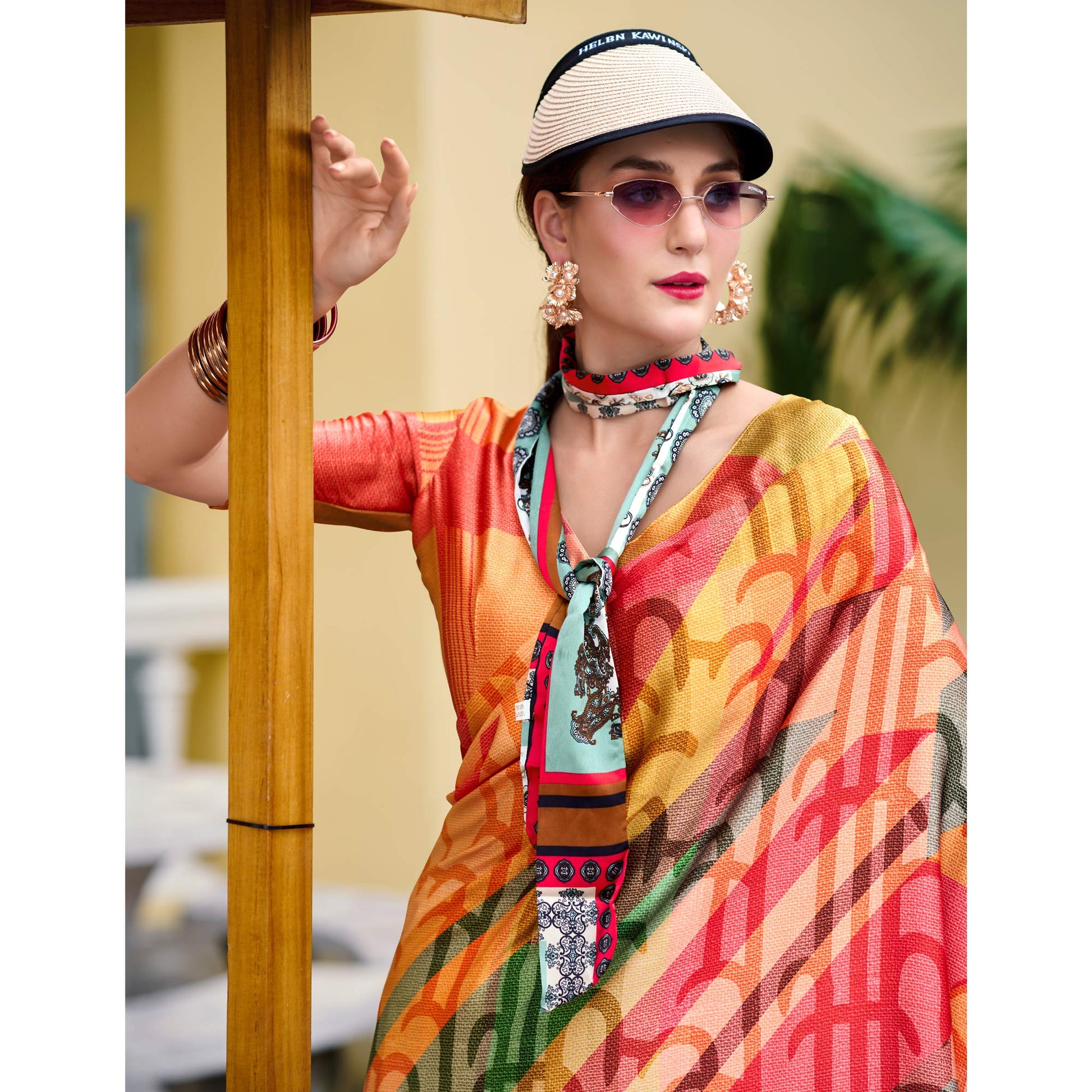 Multicolor Digital Printed Pure Satin Saree