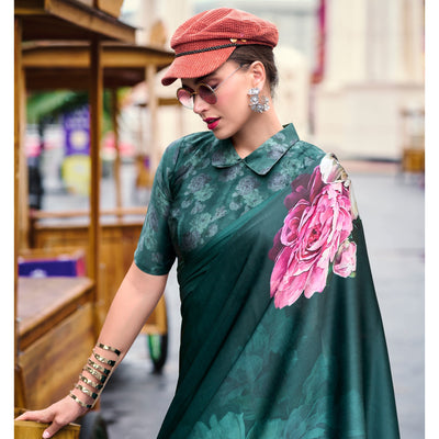 Bottle Green Digital Printed Pure Satin Saree