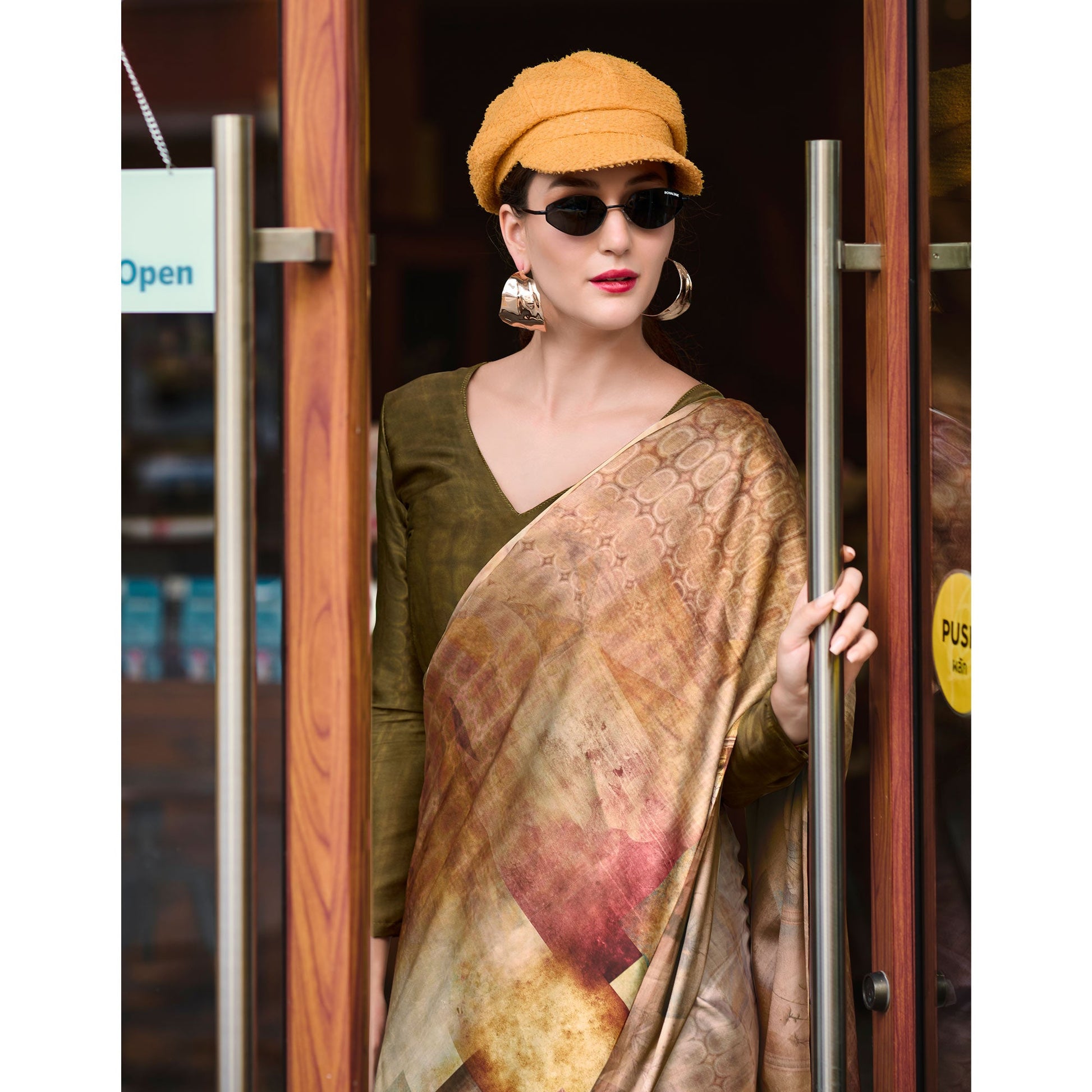 Chikoo Digital Printed Pure Satin Saree