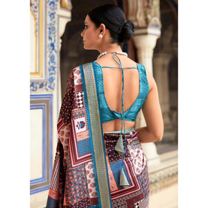 Brown & Blue Printed Dola Silk Saree