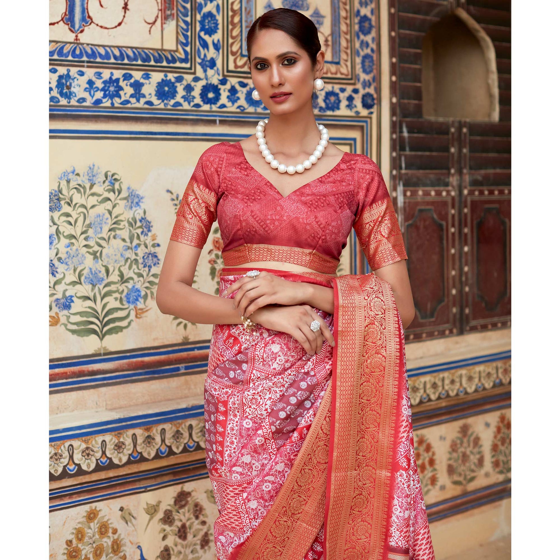 Gajri Pink Printed Dola Silk Saree