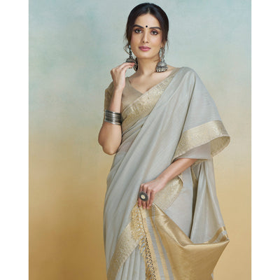 Light Grey Woven Cotton Silk Saree With Tassels