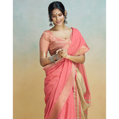 Gajari Pink Woven Cotton Silk Saree With Tassels