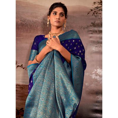 Blue Woven Butti Work Banarasi Silk Saree