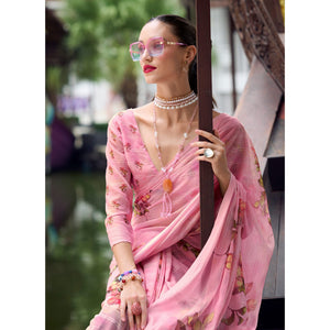 Pink Floral Digital Printed Georgette Saree
