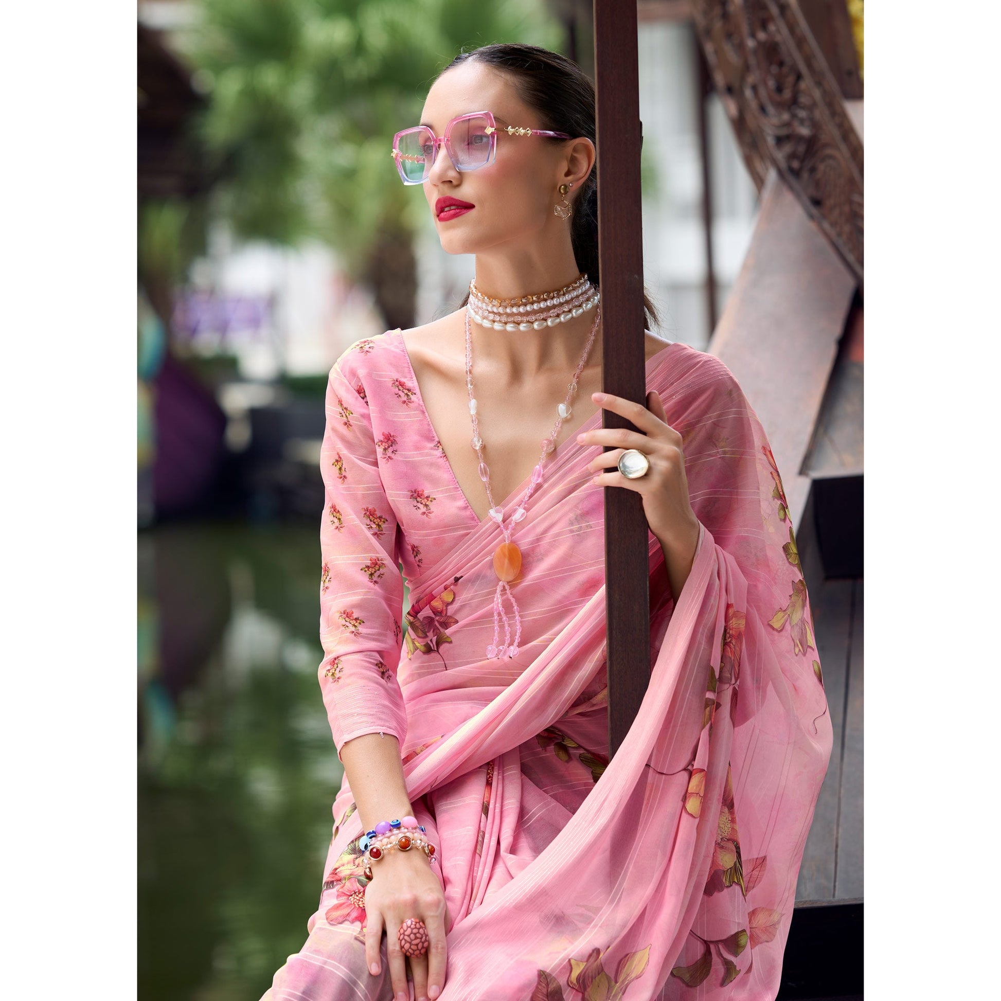 Pink Floral Digital Printed Georgette Saree