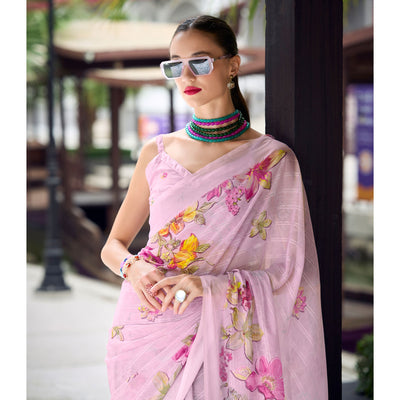 Light Pink Floral Digital Printed Georgette Saree