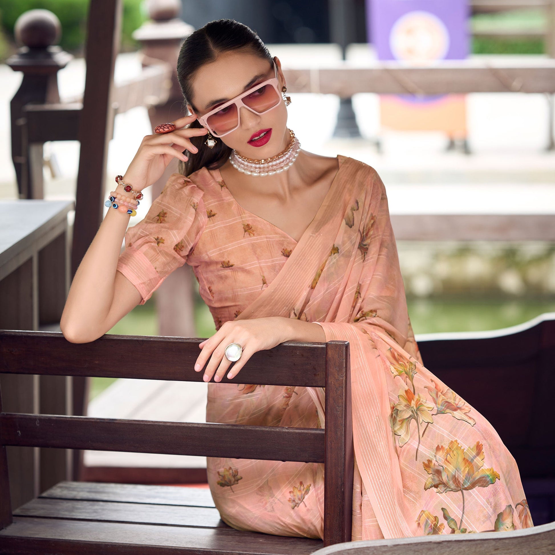 Peach Floral Digital Printed Georgette Saree