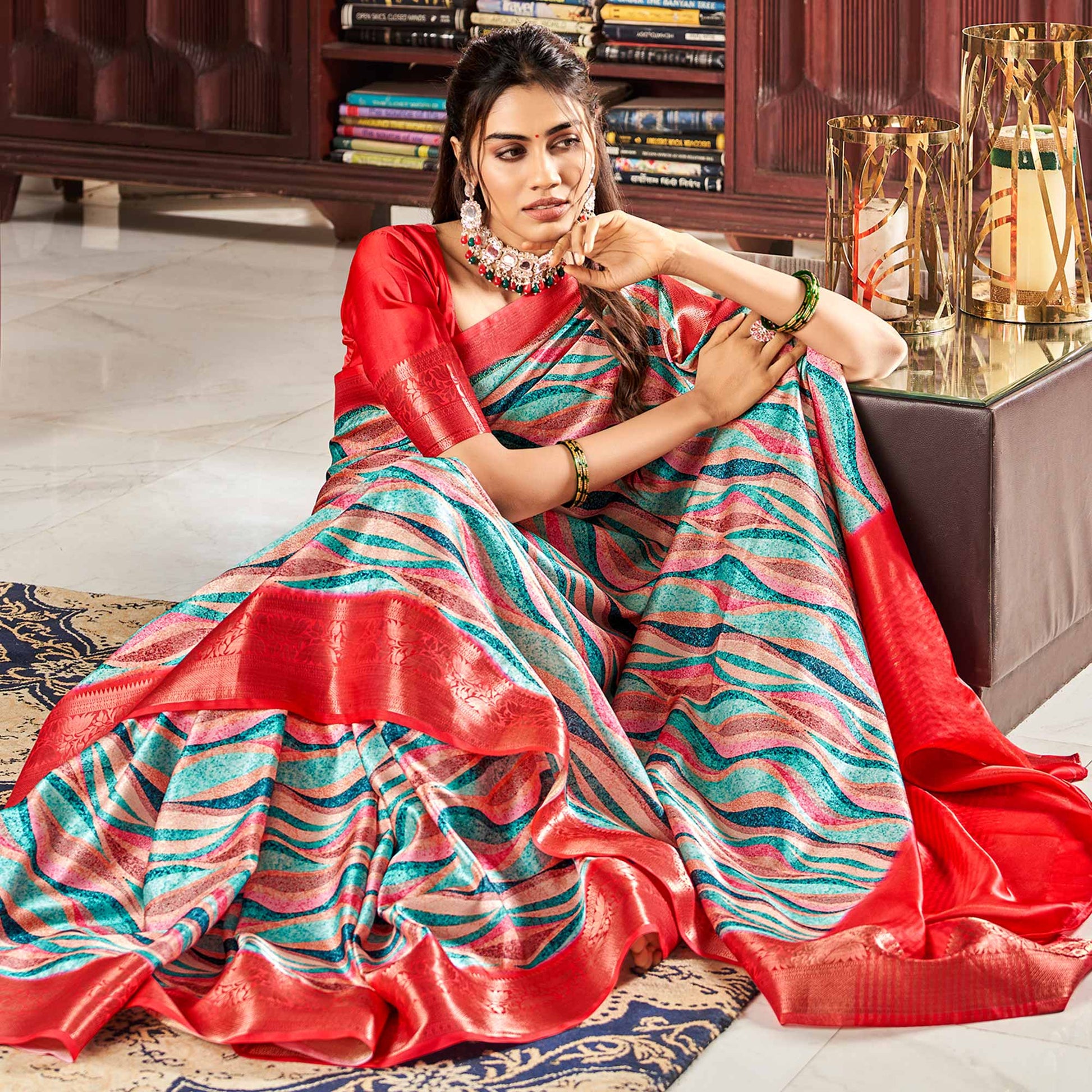 Multicolor Digital Printed Satin Saree