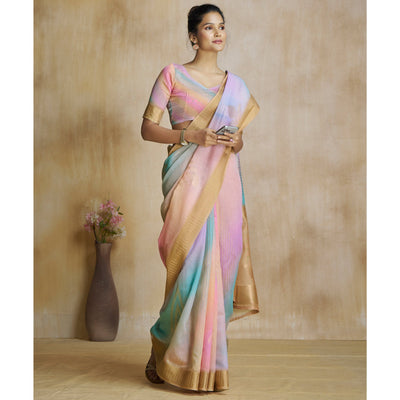 Chikoo Digital Printed With Woven Pure Silk Ombre Saree