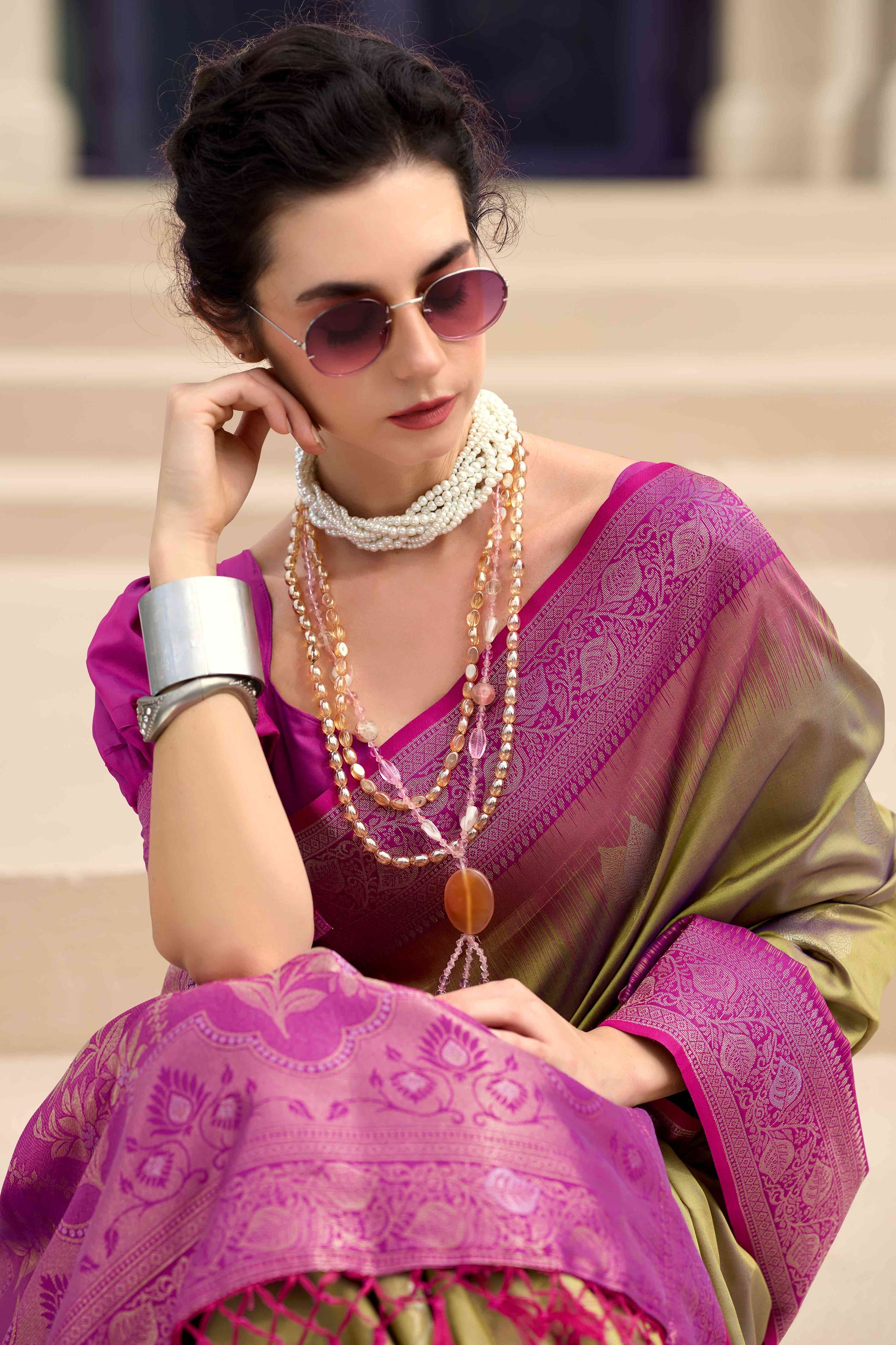 Dark Beige Zari Weaving Pure Silk Saree