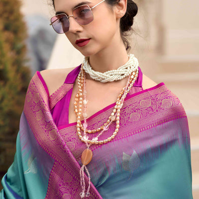 Dusty Teal Zari Weaving Pure Silk Saree