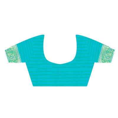 Blue Woven Zari Border Satin Saree With Tassels