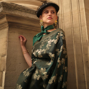 Bottle Green Floral Woven Satin Saree With Tassels