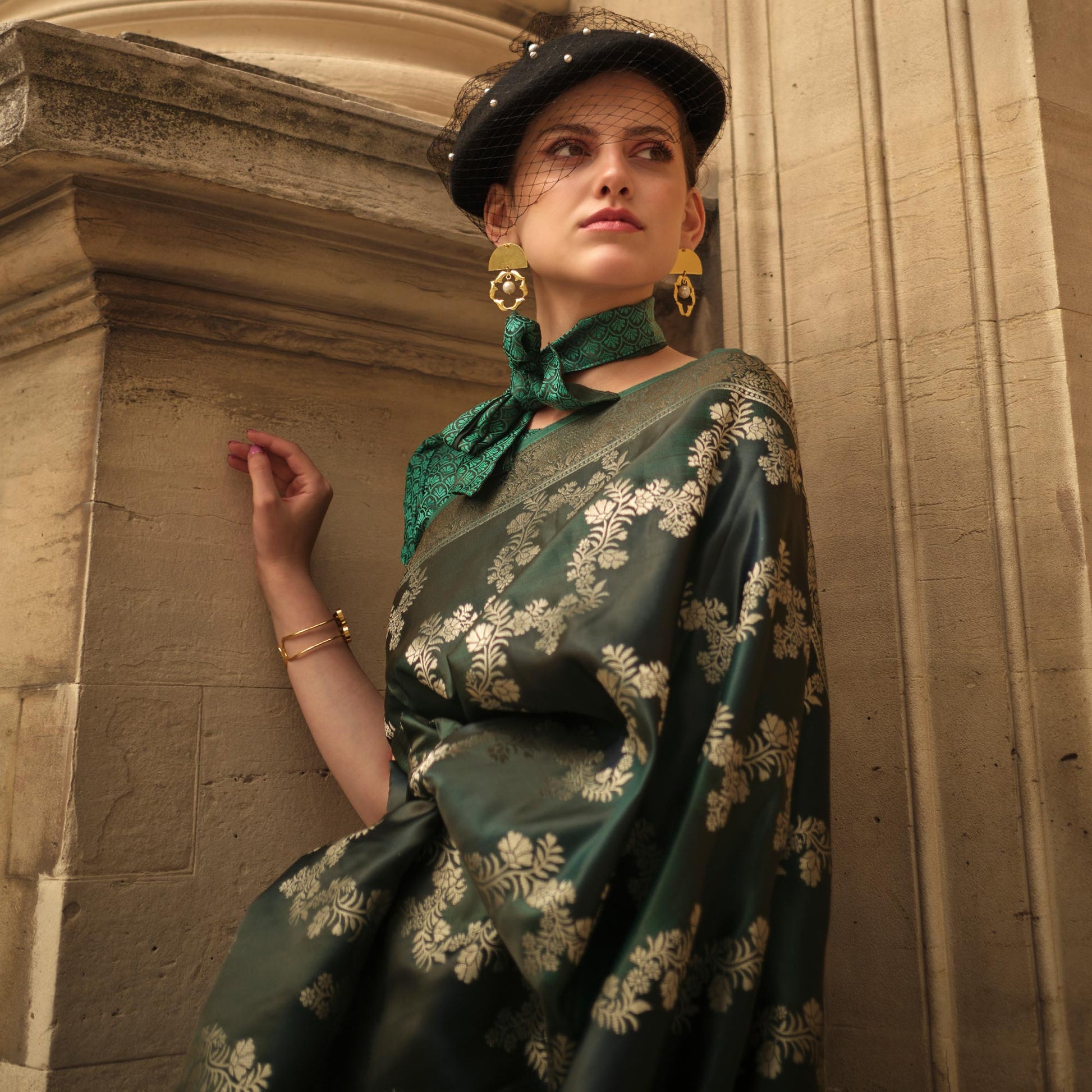 Bottle Green Floral Woven Satin Saree With Tassels