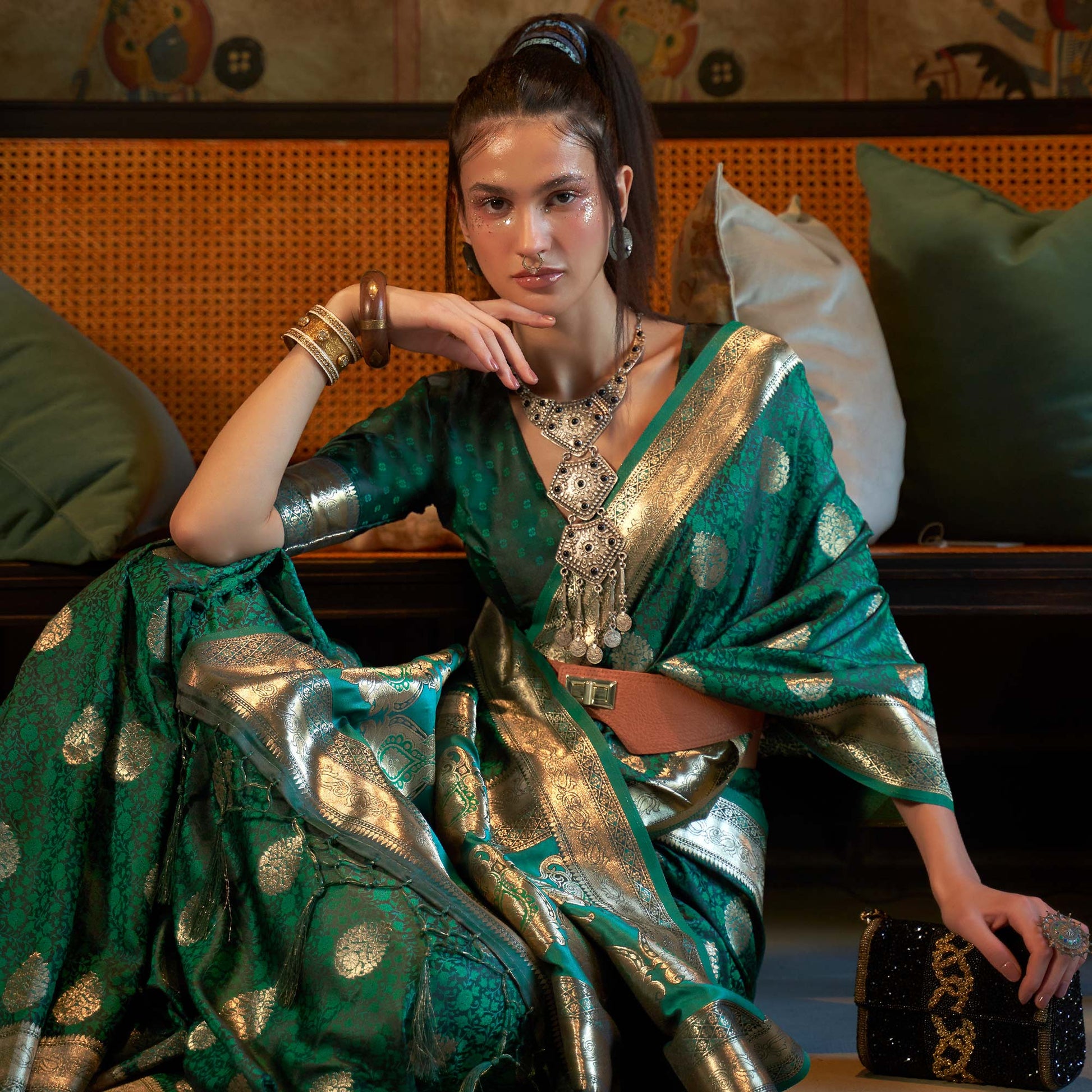 green-floral-woven-satin-saree-with-tassels-1