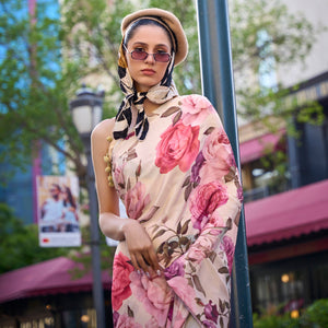 Light Chikoo Digital Printed Crepe Saree