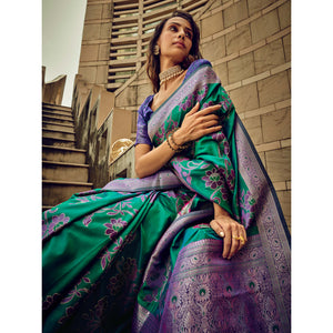 green-floral-woven-satin-saree-with-tassels-2