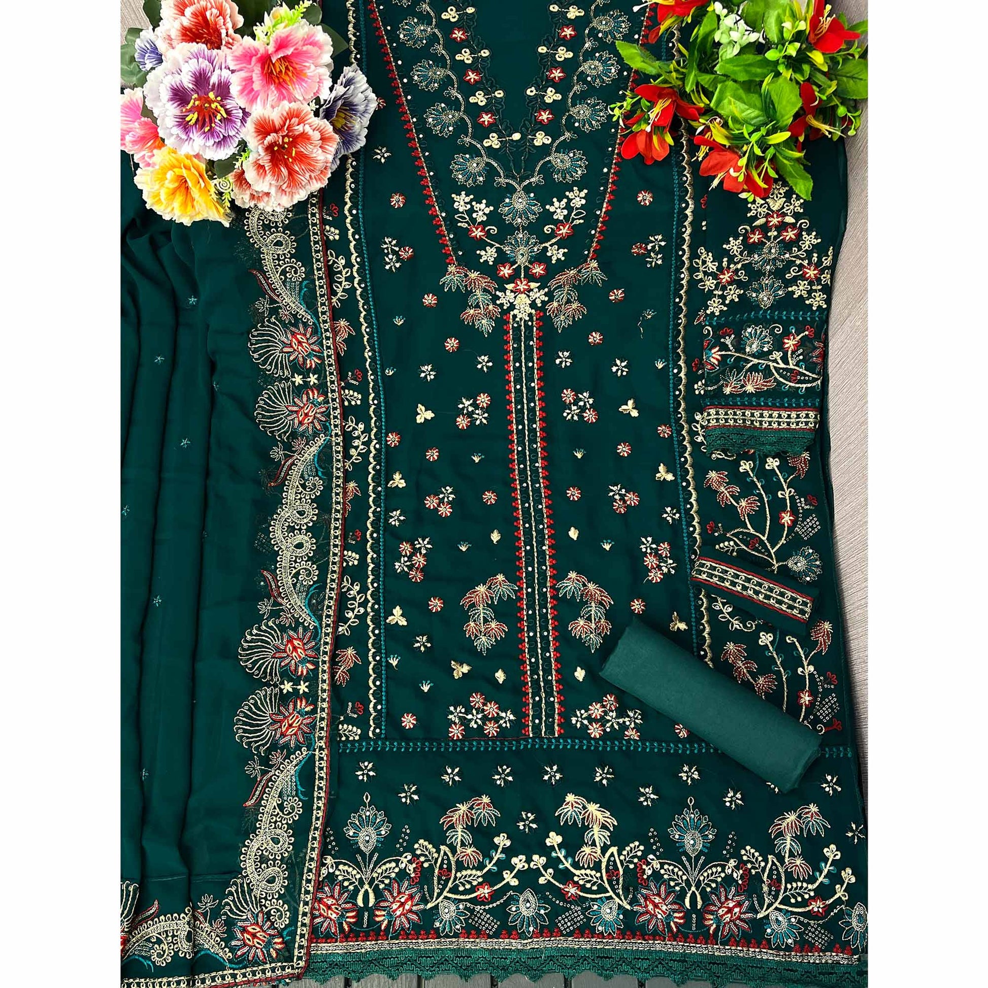 Bottle Green Floral Embroidered Georgette Semi Stitched Suit