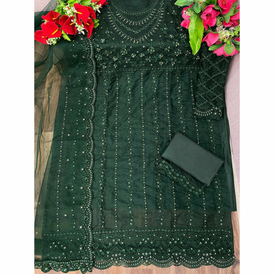 Bottle Green Floral Embroidered Organza Semi Stitched Suit