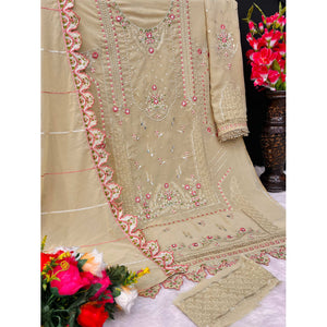 Cream Floral Embroidered Georgette Pakistani Semi Stitched Dress Material
