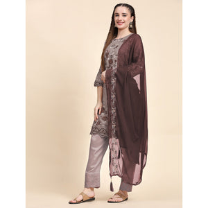 Brown Floral Embroidered Georgette Semi Stitched Pakistani Suit