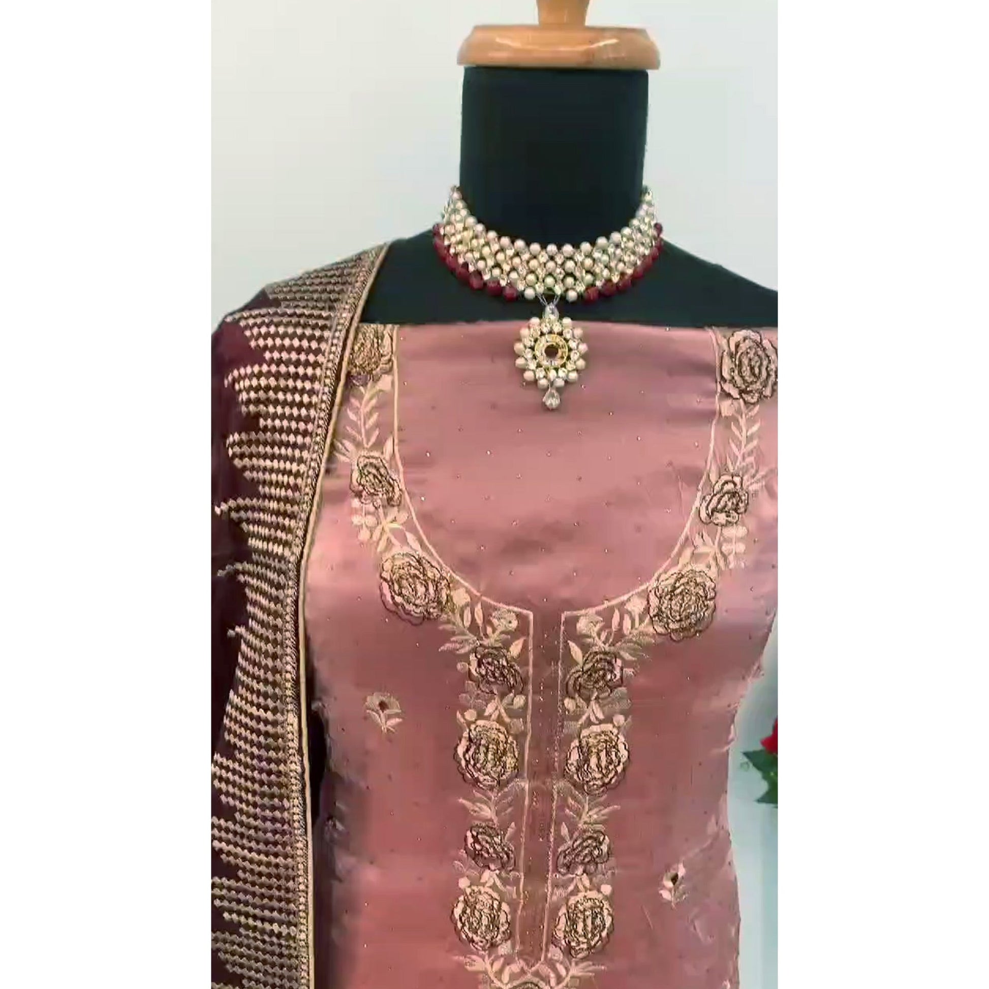 Dusty Rose Pink Floral Embroidery With Swarovski Work Jimmy Choo Tissue Semi Stitched Suit