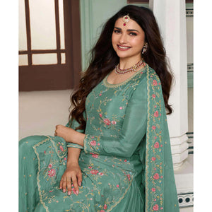 Dusty Green Floral Embroidered Chinon Sharara Salwar Suit