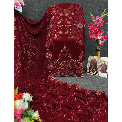 Maroon Floral Embroidered Georgette Semi Stitched Pakistani Suit